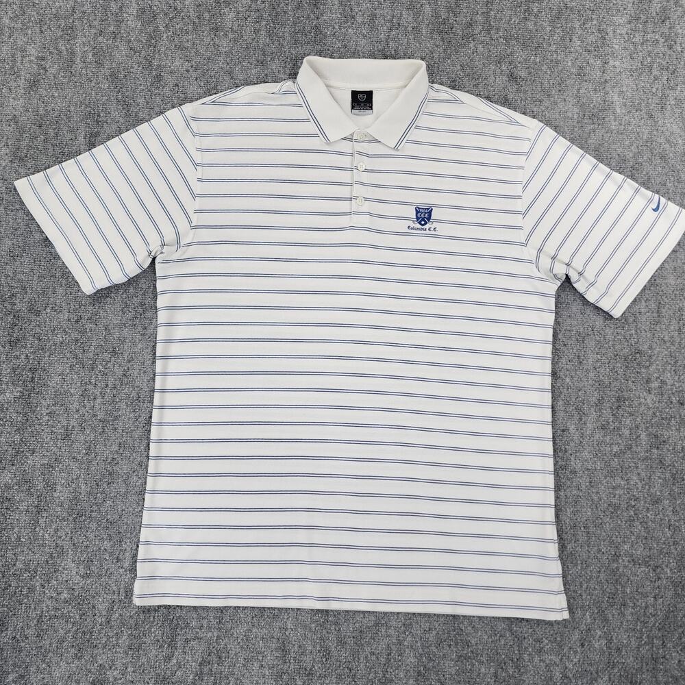 Nike Golf Shirt Mens XL White Blue Stripe Polo Columbia CC Performance Dri-Fit
